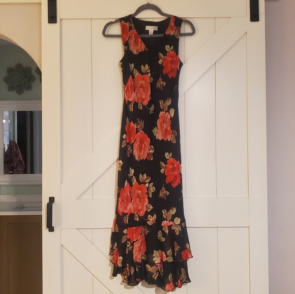 Petite Sophisticate Vtg Y2K Black Red Floral Ruffled Midi Dress Sz 4 - Picture 1 of 8